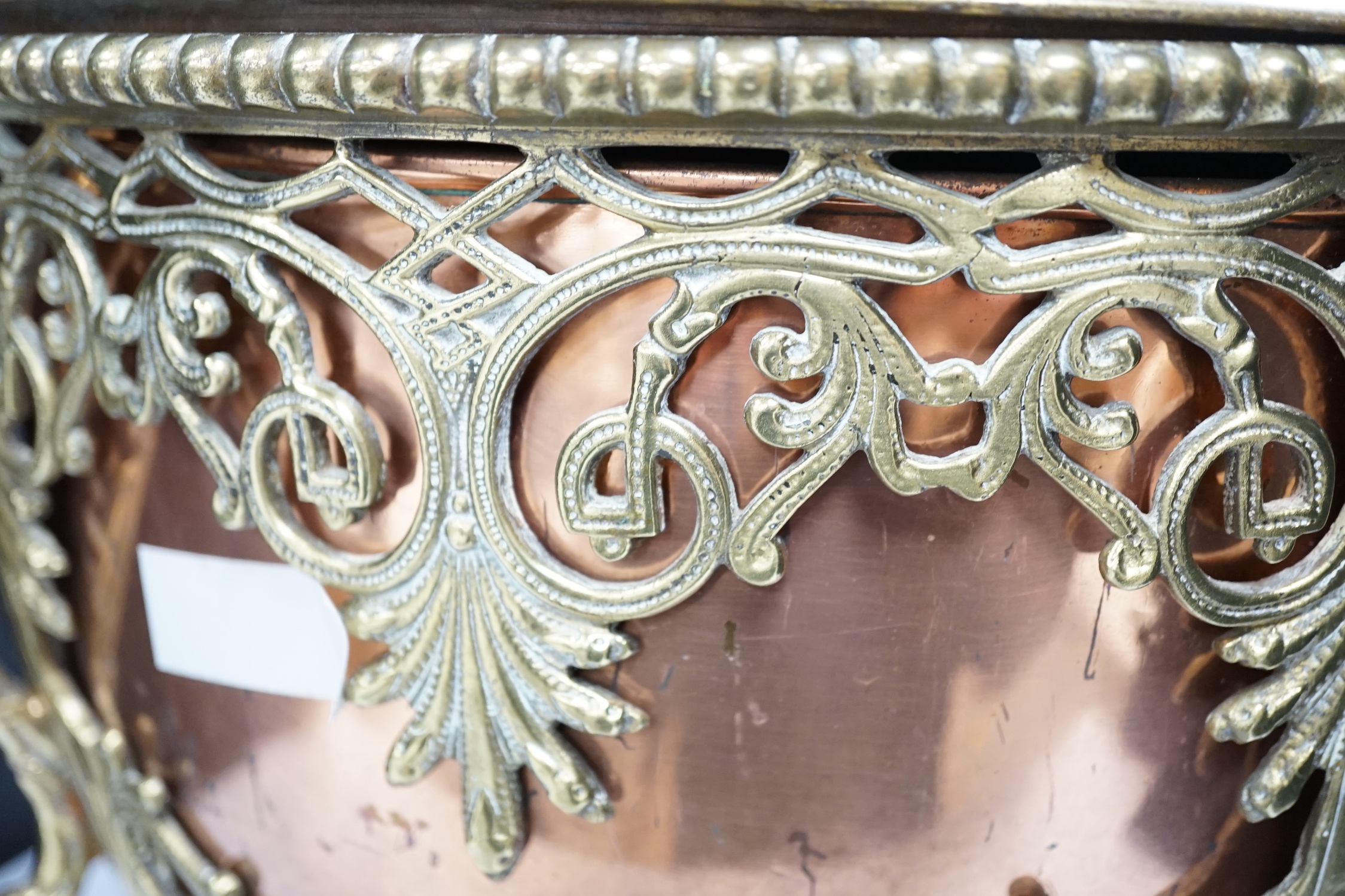 A Victorian copper and brass lidded tureen and assorted metalware, largest 57cm high